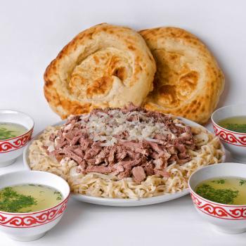 National cuisine Besh-Barmak, Shorpo (the soup) and Lepeshka (bread)
